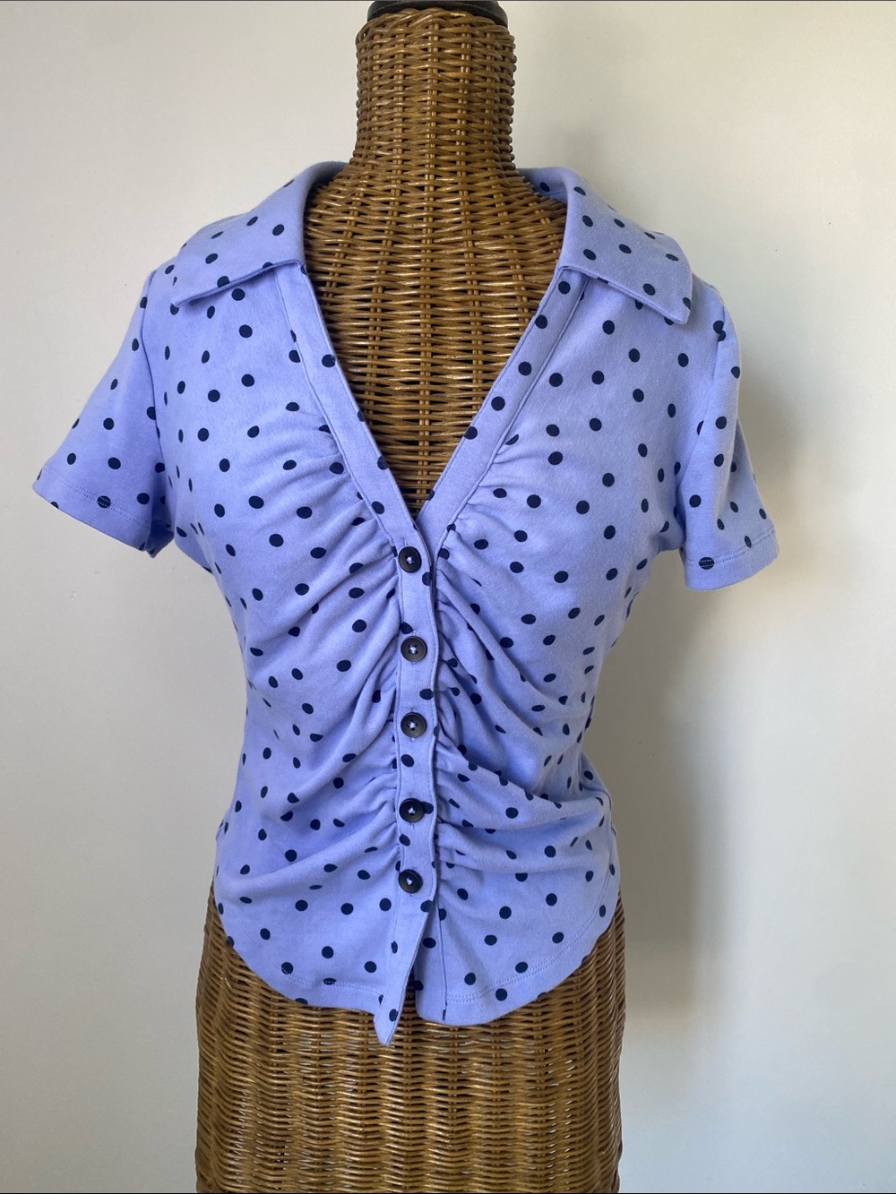 Maeve Lavender Polka Dot Button-Front Short Sleeve Top